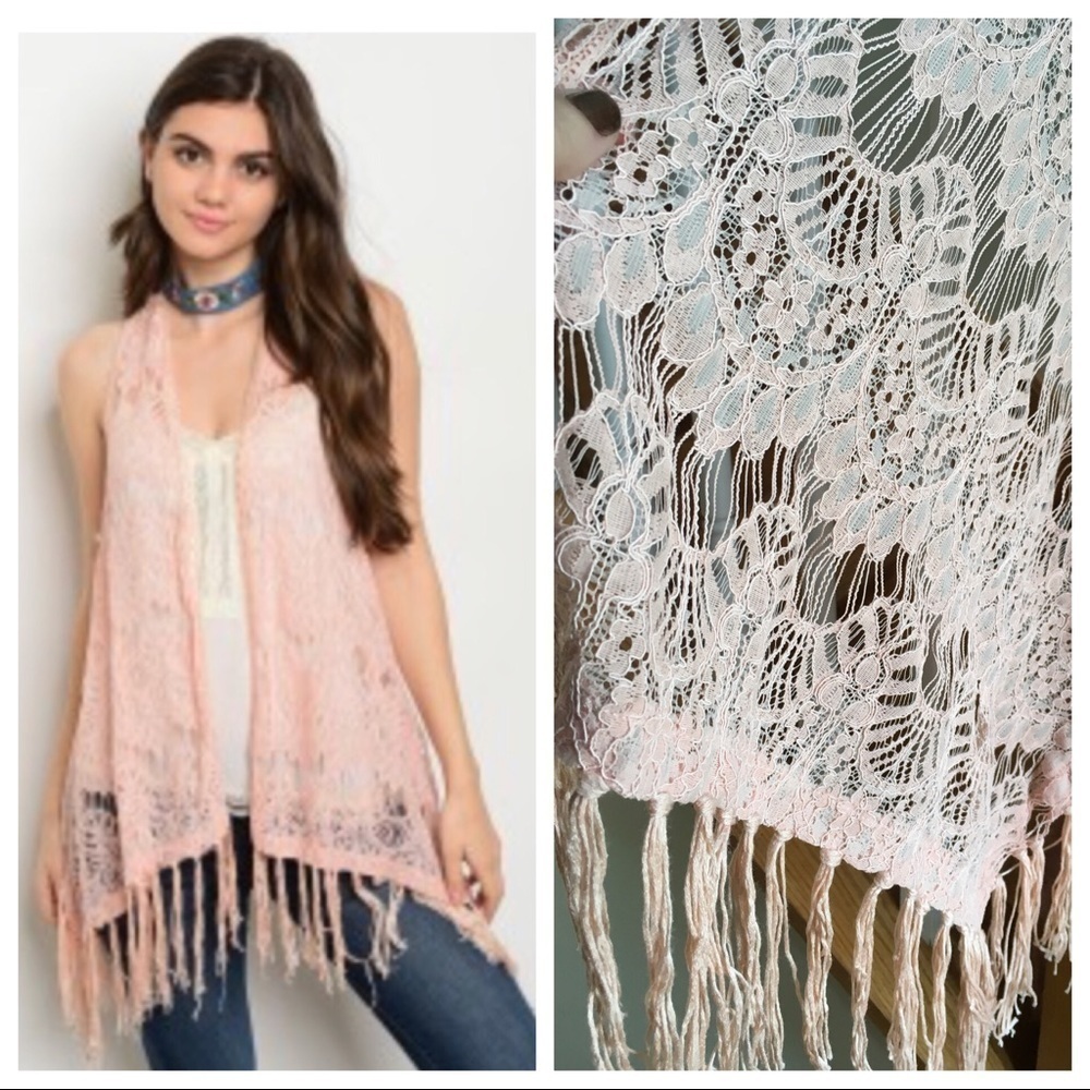 Light peach lace vest with fringe, racerback